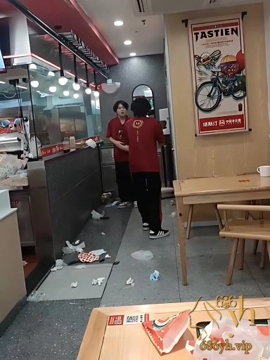 塔斯汀店内员工大乱斗 俩小伙互殴爆头 阿姨若无旁人淡定做汉堡 堪称敬业典范！ 3